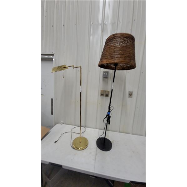 Brass Swing-Arm Floor Lamp and Black Floor Lamp with Woven Rattan Shade