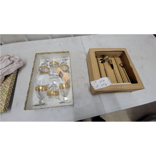 Crystal Stemware Set with Gold Banding and White Marble and Gold Bar Tool Set