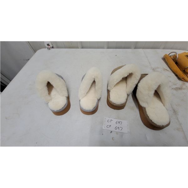 Sheepskin-Lined Suede Slide Slippers in Tan (Size 9.5-10) and Grey (Size 6.5-7), 2 Pairs