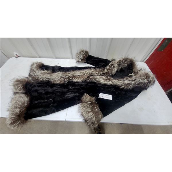 Black Crushed Velvet Winter Coat with Faux Fur Trim on Collar, Front, and Cuffs