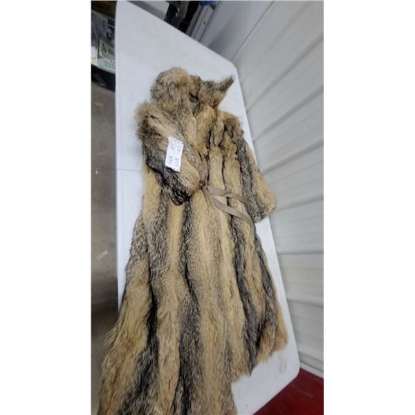 Full-Length Hooded Coyote Fur Coat with Tie Belt