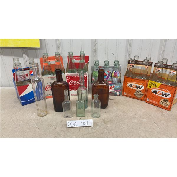 Vintage Pepsi, Coca-Cola, Diet Coke, and A&W Root Beer Glass Bottles with Antique Medicinal Bottles