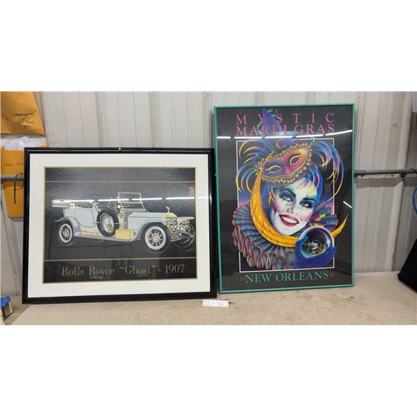 Framed 1907 Rolls-Royce "Ghost" Print by Hamilton and 1990 New Orleans Mardi Gras Poster ( Broken