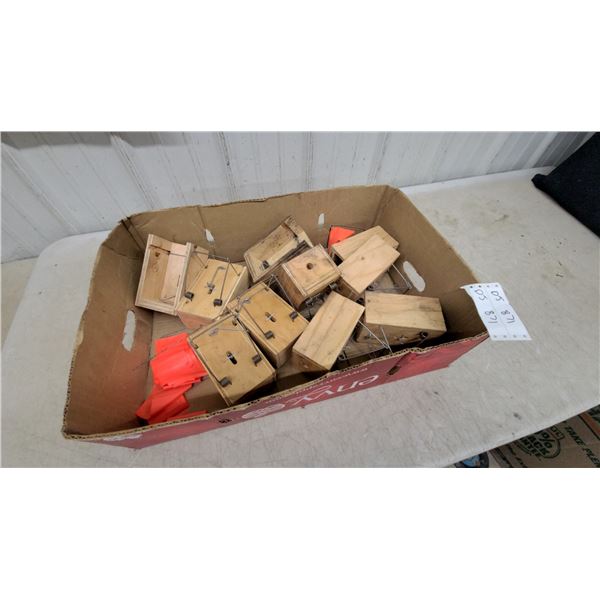 Wooden Box-Style Rodent Traps with Metal Snap Mechanisms and Orange Flags