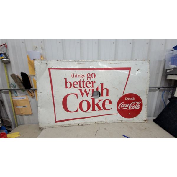 Vintage 1960s "Things Go Better with Coke" Coca-Cola Tin Advertising Sign Has a Hole Sign Size 35 x