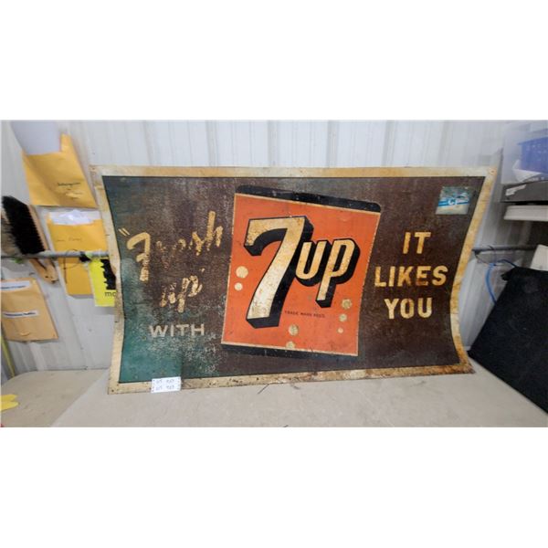 Vintage 7 Up "Fresh Up" Metal Advertising Sign, Circa 1967-1970 35 x 59" Weathered