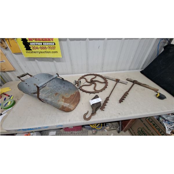 Vintage Galvanized Steel Grain Scoop, Drive Wheel Auger Drills and More