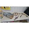 Image 1 : Vintage Galvanized Steel Grain Scoop, Drive Wheel Auger Drills and More