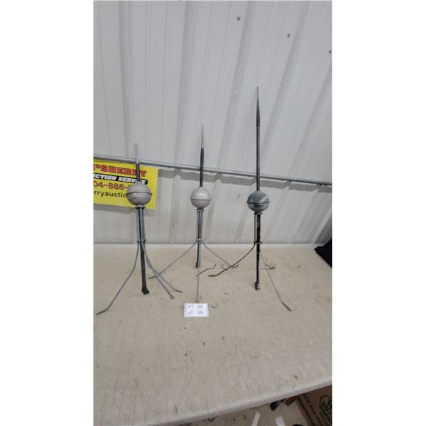 Three Vintage Metal Lightning Rod Finials with Spherical Balls and Tripod Bases
