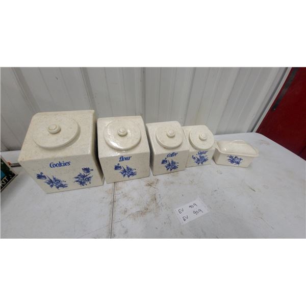 Vintage Speckled Ceramic Kitchen Canister Set with Blue Floral Design, Five Pieces