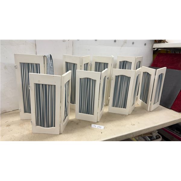 8 White Painted Wood Shutters with Striped Fabric Panel Inserts, 21 3/4 x 16" & 17 3/4 x 16"