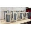 Image 1 : 8 White Painted Wood Shutters with Striped Fabric Panel Inserts, 21 3/4 x 16" & 17 3/4 x 16"