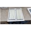 Image 4 : 8 White Painted Wood Shutters with Striped Fabric Panel Inserts, 21 3/4 x 16" & 17 3/4 x 16"