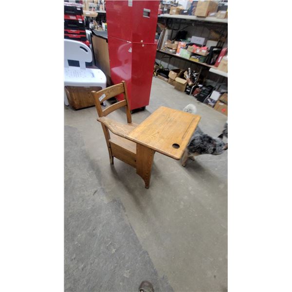 Vintage Oak Single-Student School Desk with Attached Chair and Inkwell Hole