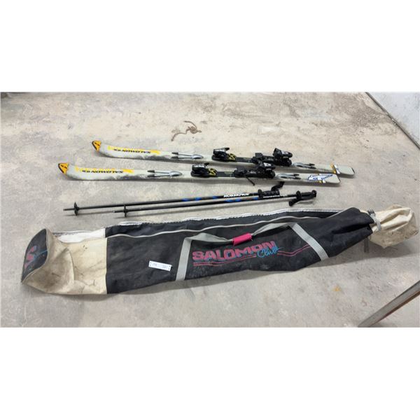 Salomon X-Scream 9 Skis with Bindings, Rossignol Poles, and Salomon Club Ski Bag