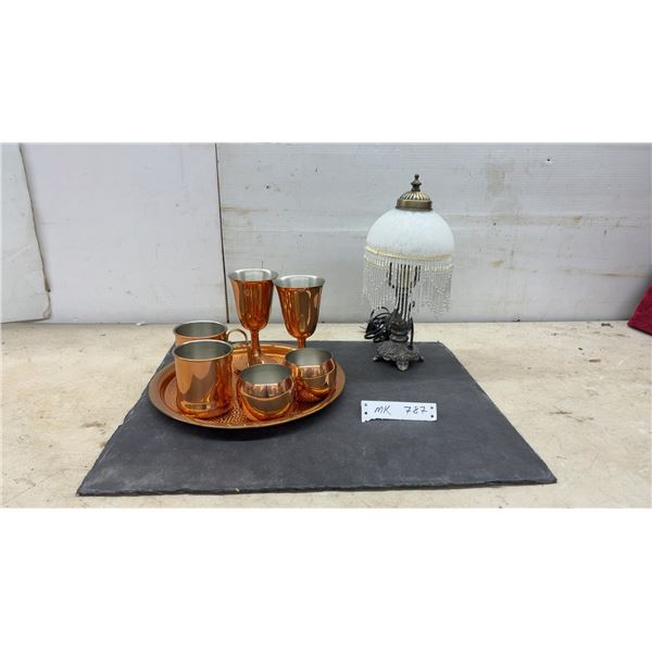 Copper Drinkware Set with Hammered Tray and Victorian-Style Beaded Glass Lamp, 13 1/2" H