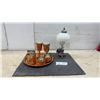 Image 1 : Copper Drinkware Set with Hammered Tray and Victorian-Style Beaded Glass Lamp, 13 1/2" H