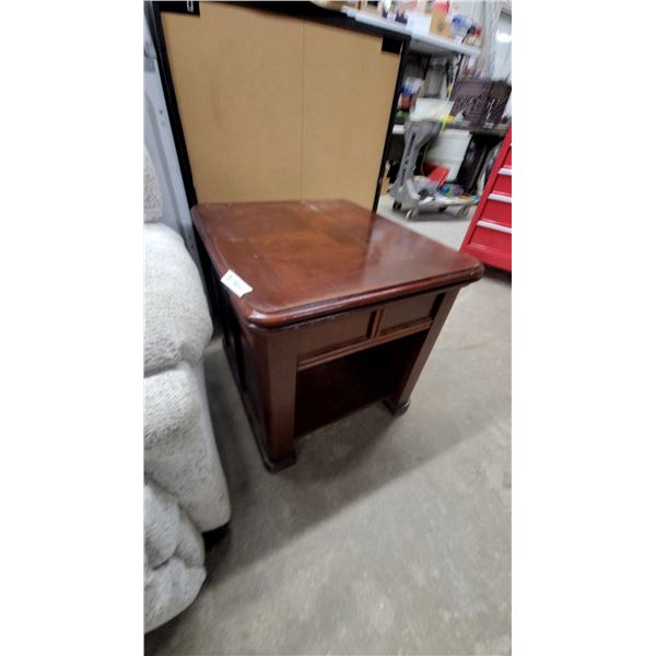 Cherry Finish End Table with Drawer and Open Shelf Storage