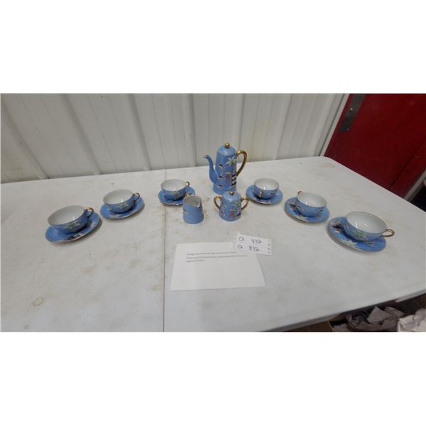 Vintage Japanese Hand-Painted Porcelain Tea Set with Tropical Landscape and Gold Trim 1920s