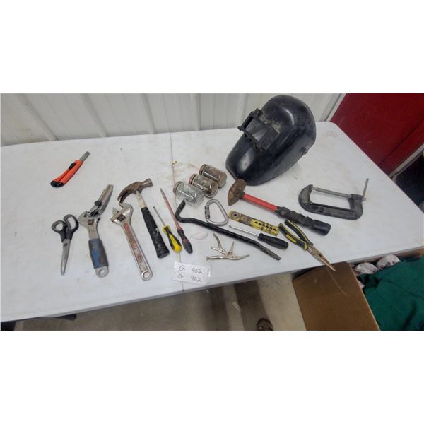 Welding Helmet, Adjustable Wrenches, Claw Hammer, Screwdrivers, C-Clamp, Pliers, and More