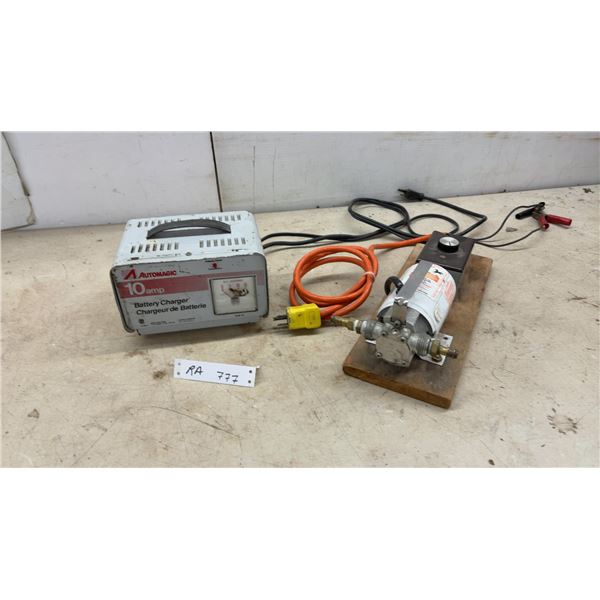 Automagic 10 Amp Battery Charger Model SLM-10 and Proven Pony Pump Model 360 on Wooden Base