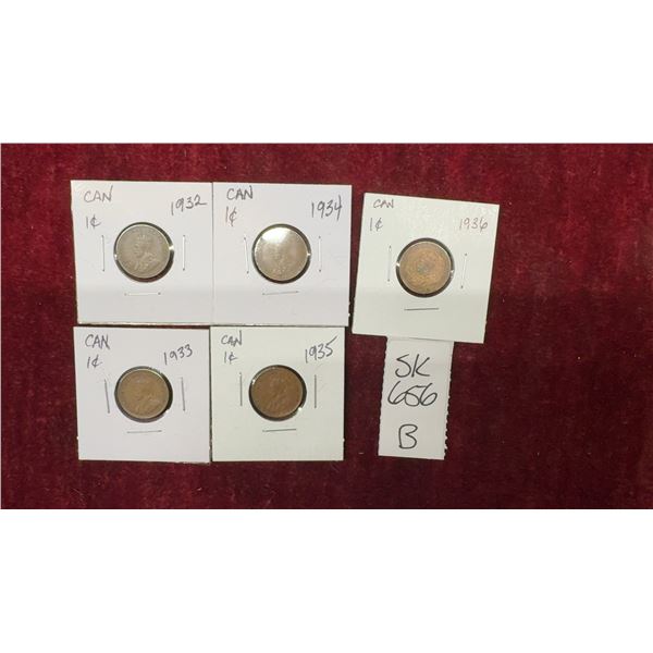 5 Canada Smal Cents - 1932, 33, 34,35, &36