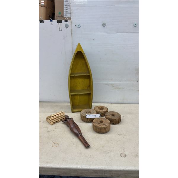 Wooden Boat-Shaped Wall Shelf, 23 H, Cork Rings, Carved Wooden Lady Nut Cracker and More
