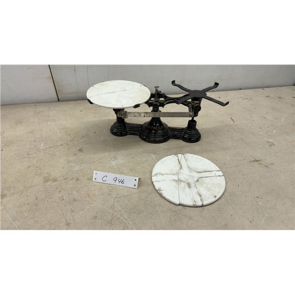 Denver Fire Clay Co. Laboratory Balance Scale with Ceramic Pans, 1 Broken