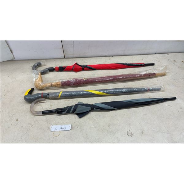 Assorted Long-Handle Umbrellas with Toucan and Duck Head Handles, Lot of Four