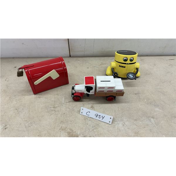 Robie Robot Money Bank, Lennox Kenworth Die-Cast Bank Truck, and IH Mailbox Bank, No Key