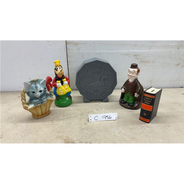 Collection of Five Coin Banks, Goofy, Loony Bin, Cat in Basket, Collier's Encyclopedia and More