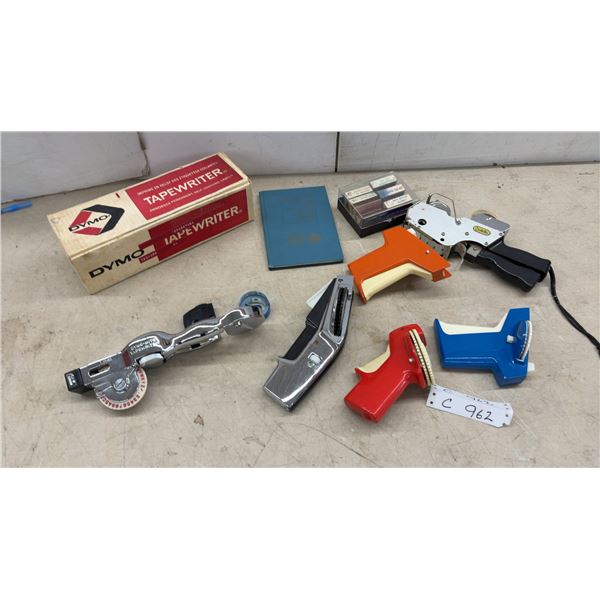 Dymo-Mite Tapewriter Chrome Label Maker with Original Box, Tape, and Price Gun & More