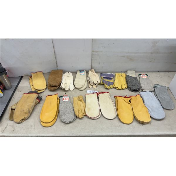 Assorted Work Gloves and Mittens, Leather, Knit, and Fur Styles, Various Brands, Some with Tags