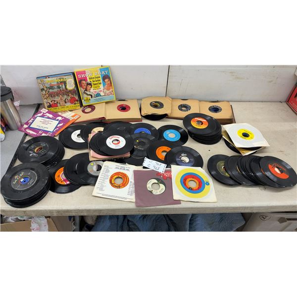 Collection of 45 RPM Records, MGM Show Boat and Rose Marie Soundtracks, and More
