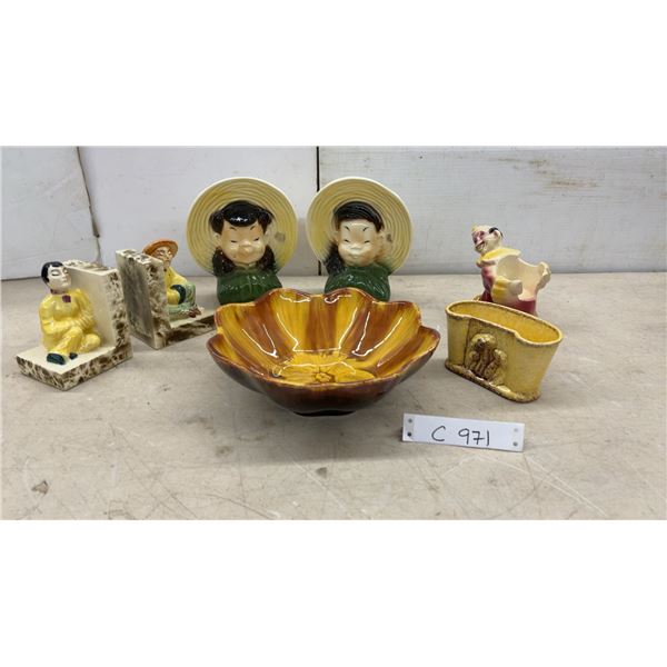 Napco Asian Children Wall Pockets, Ceramic Bookends, Clown Planter, Bowl and More