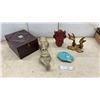 Image 1 : Decorative Sculptures Including Buddha Candle Head, Bronze Hands, Stone Face, and More