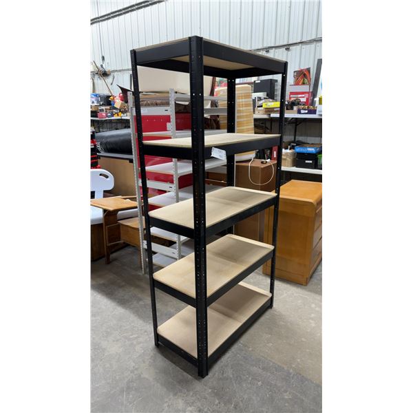 Five-Tier Black Metal Shelving Unit with Particle Board Shelves 36 x 72 x 18