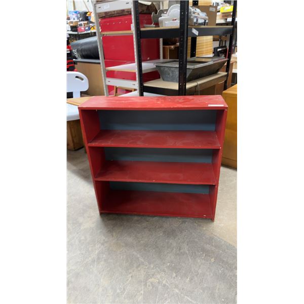 Red-Painted Three-Shelf Wooden Bookcase with Blue-Gray Interior Back Panel 12 x 37 x 37