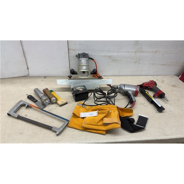 Black & Decker Router with Jig, Pneumatic Nailer, Electric Drill, Tool Belt, Jigsaw, Flashlights