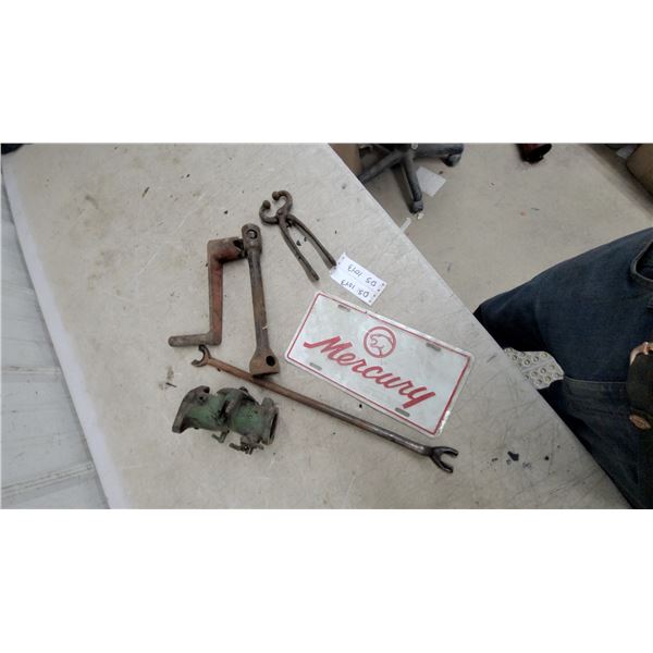 Vintage Mercury Decorative License Plate, Carburetor, Crank Handle, and More