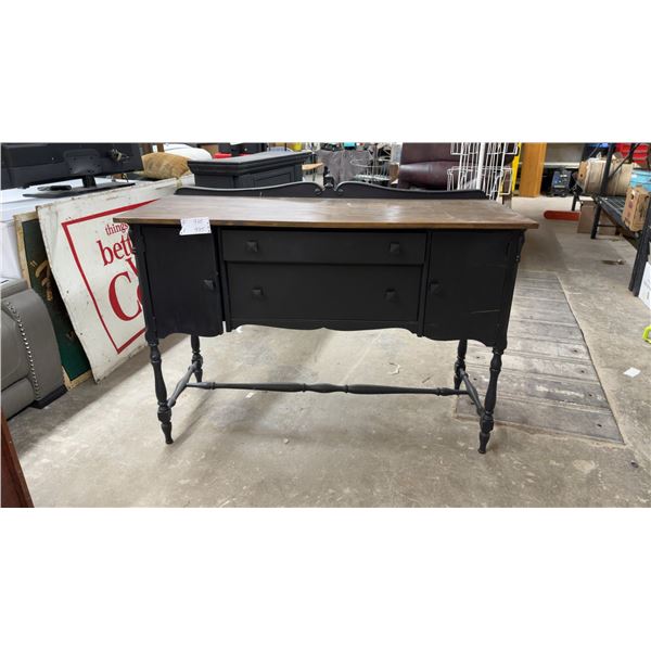 Vintage Black Painted Wooden Sideboard with Natural Wood Top and Turned Legs 54 x 42 x 22