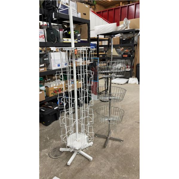 White Rotating Greeting Card Display Rack 77" and Three-Tier Wire Basket Display Stand 66"