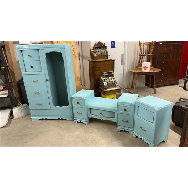 Art Deco Waterfall Style Bedroom Set, Armoire 37 x 20 x 62, Vanity 48 x 18 x 24 and Night Stand 16