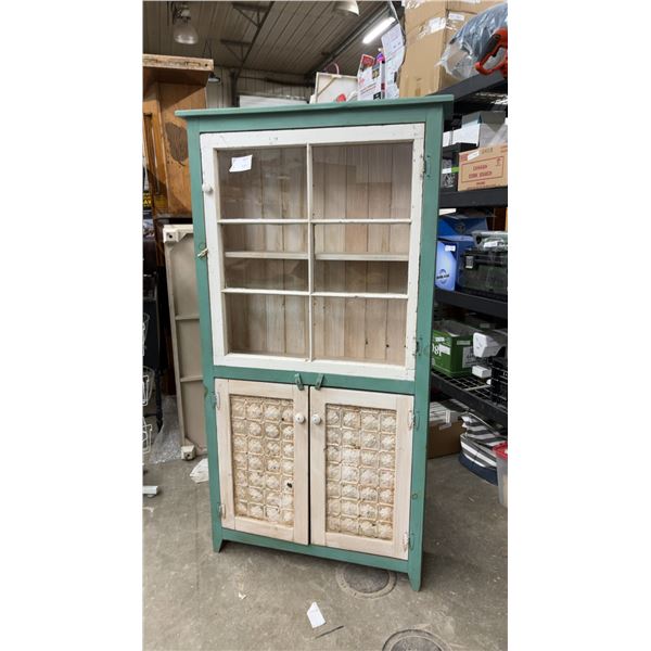 Rustic Farmhouse Display Hutch with Glass-Paned Door and Pressed Tin Panel Cabinet 36 x 10 x 72