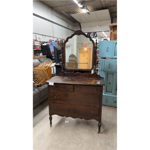 Antique Dark Wood Dresser with Swivel Mirror, Turned Legs, and Casters 40 x 19 x 36