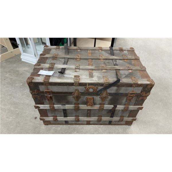 Antique Flat-Top Steamer Trunk with Metal Straps and Hardware 21 x 23 x 34