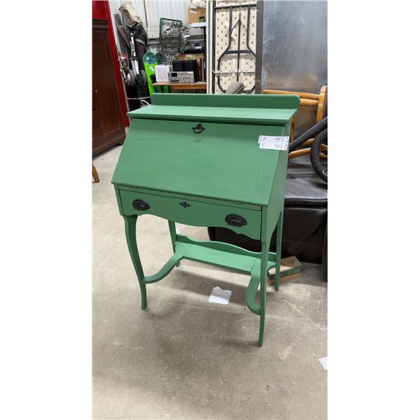 Green Painted Fall-Front Writing Desk with Cabriole Legs and Single Drawer 27 x 16 x 39