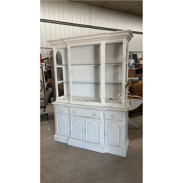 2pc White Painted China Hutch with Glass Shelves and Lower Cabinet Storage 80 x 60 x 16