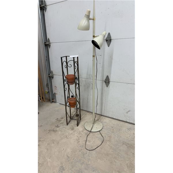 Mid-Century Modern Two-Light Adjustable Floor Lamp and Wrought Iron Plant Stand, 40" H