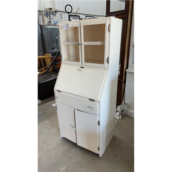 Vintage White Painted Secretary Hutch with Glass Doors and Drop-Front Desk 59 x 25 x 19